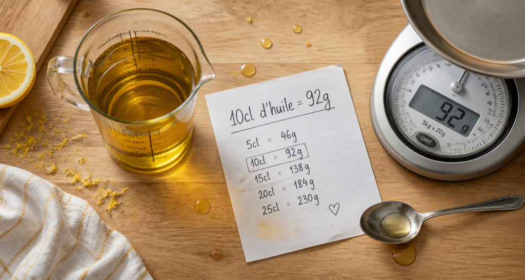 10cl d huile en gramme sur balance et verre doseur