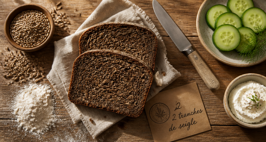 2 tranches de pain seigle calories sur table rustique