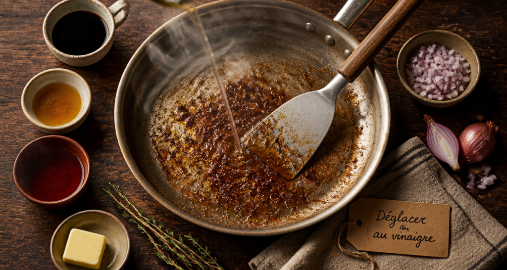 déglacer au vinaigre sucs caramélisés poêle