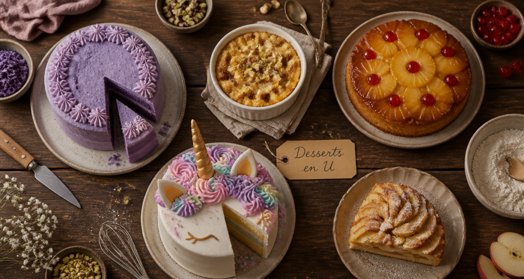 Dessert en U variés sur table : Ube Cake, Umm Ali, Upside-down Cake, Unicorn Cake, Ugat Hafookhot
