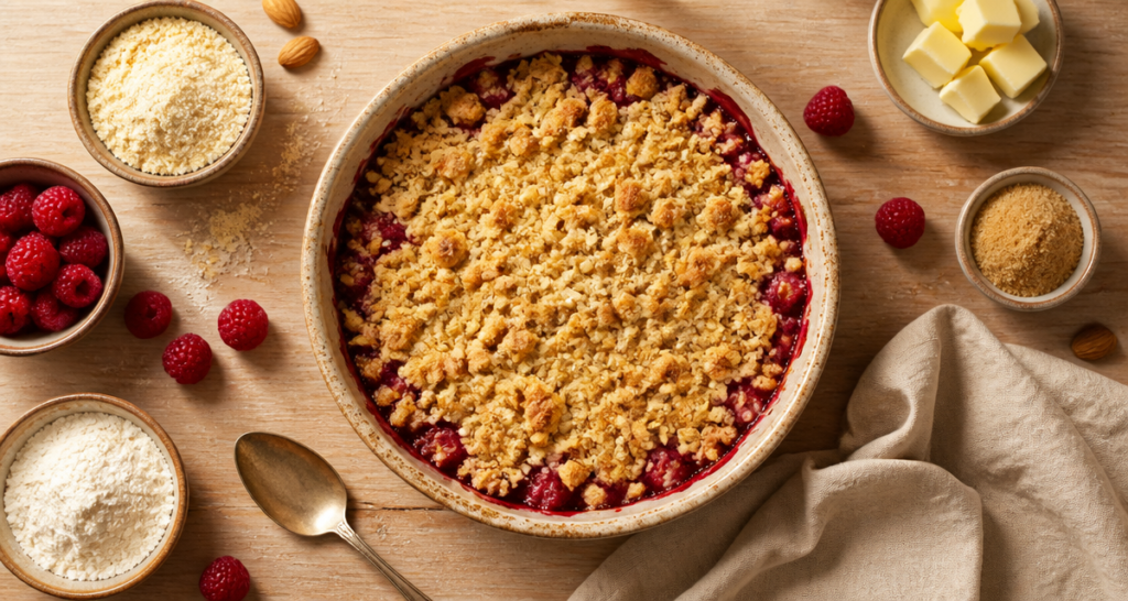 recette crumble framboise poudre amande en plat céramique doré