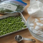 Congeler petit pois frais : petits pois verts et eau glacée avant congélation