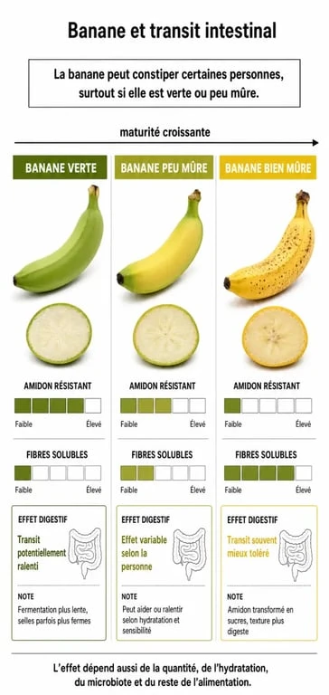 La banane constipe t elle : schéma comparatif des bananes verte, peu mûre et mûre sur le transit
