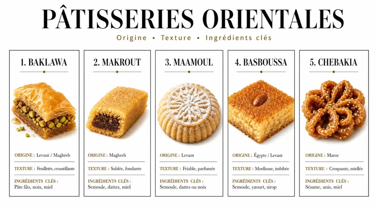 Gâteau oriental : comparaison visuelle de baklawa, makrout, basboussa et corne de gazelle
