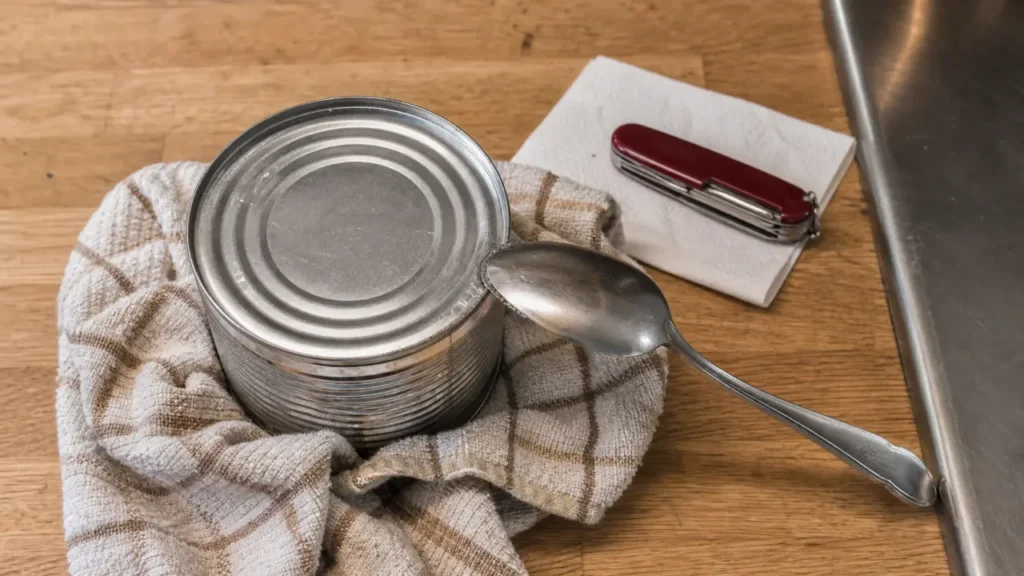 Ouvrir conserve sans ouvre boite avec une cuillère : boîte en métal sur plan de travail
