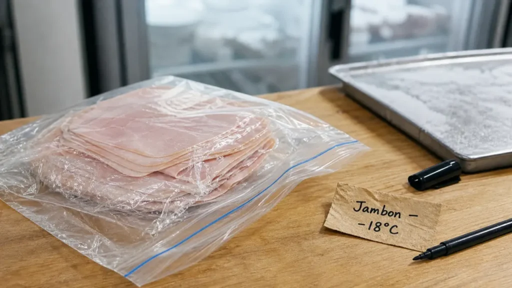 Peut on congeler le jambon blanc : jambon étiqueté dans un sachet au congélateur