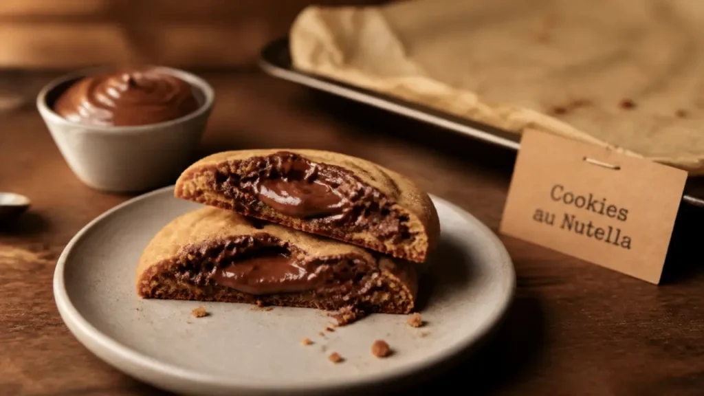 Cookies au nutella : cœur fondant tranché, cuisson 180°C