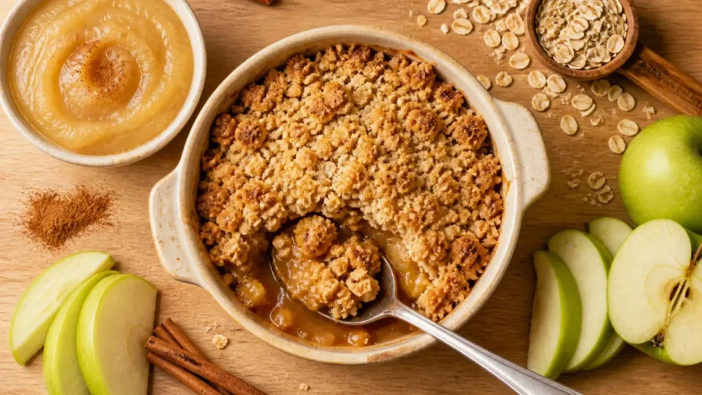 Crumble light aux pommes croustillant, miettes et fruits dorés