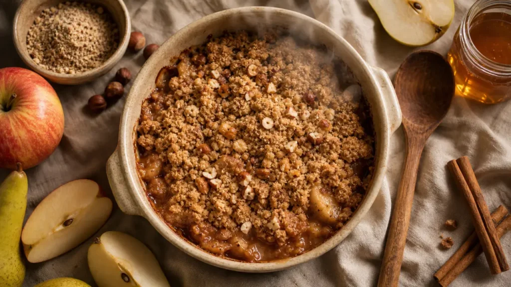 Dessert d automne pomme poire châtaigne tiède, crumble