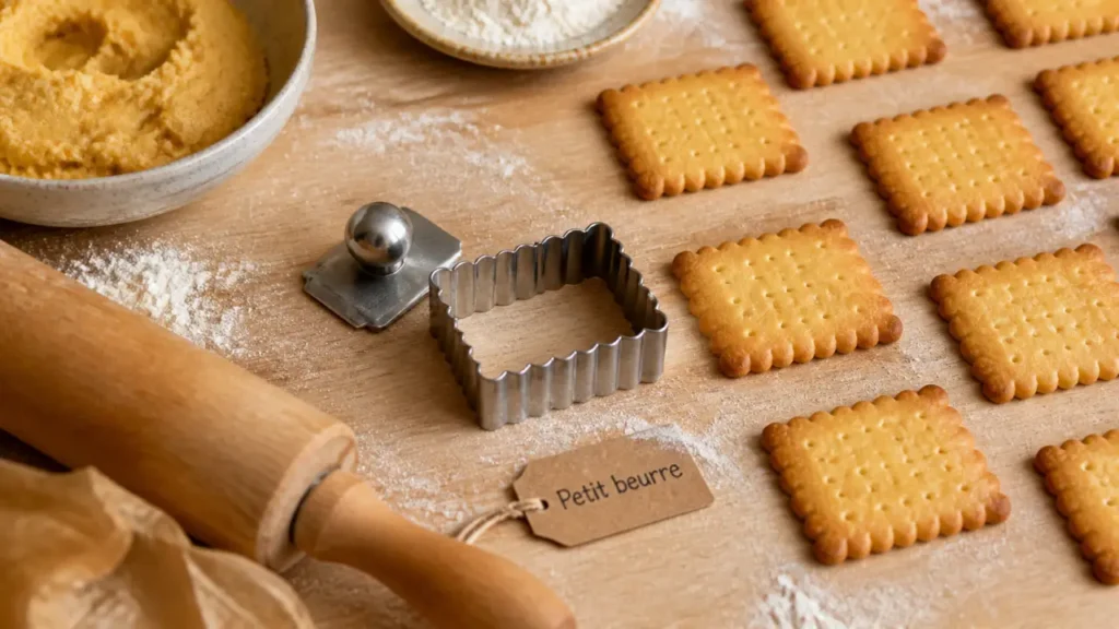 Emporte piece petit beurre inox avec poussoir et biscuits