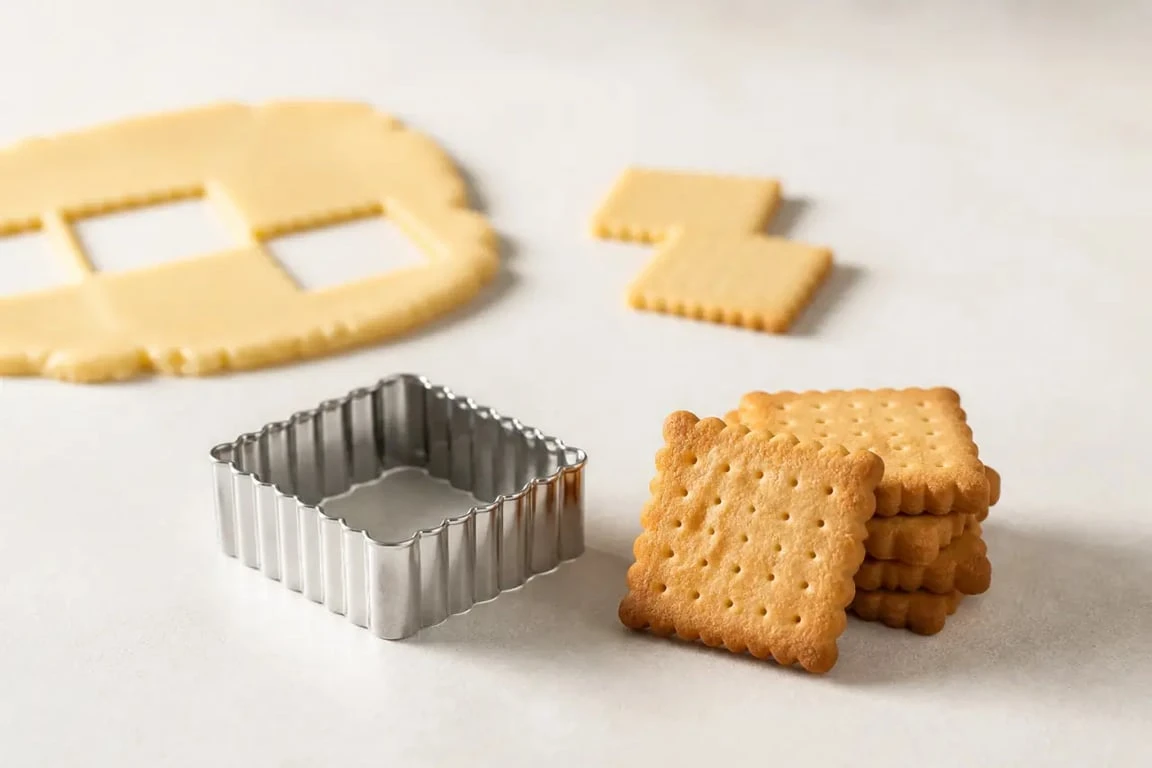 Emporte piece petit beurre en acier inoxydable avec biscuits petits beurres fraîchement cuits