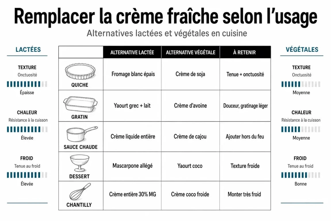 Tableau comparatif pour comment remplacer la crème fraîche selon l’usage en cuisine