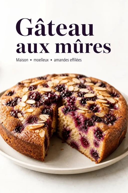 Gâteau à la mûre moelleux et doré sur une assiette blanche
