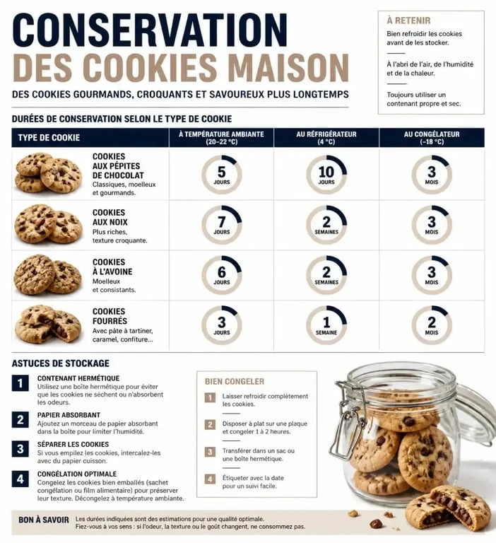 Infographie sur la conservation des cookies maison : durées et astuces pour garder vos biscuits moelleux.