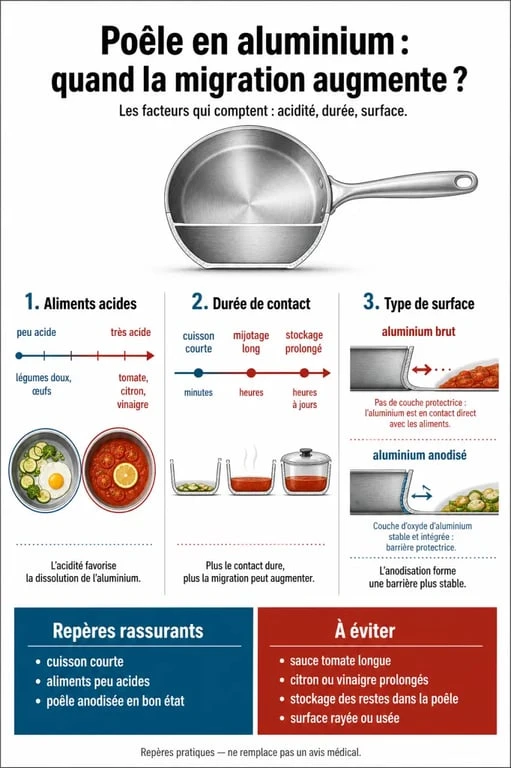 Infographie poêle en aluminium santé sur la migration selon les aliments acides et la durée de cuisson