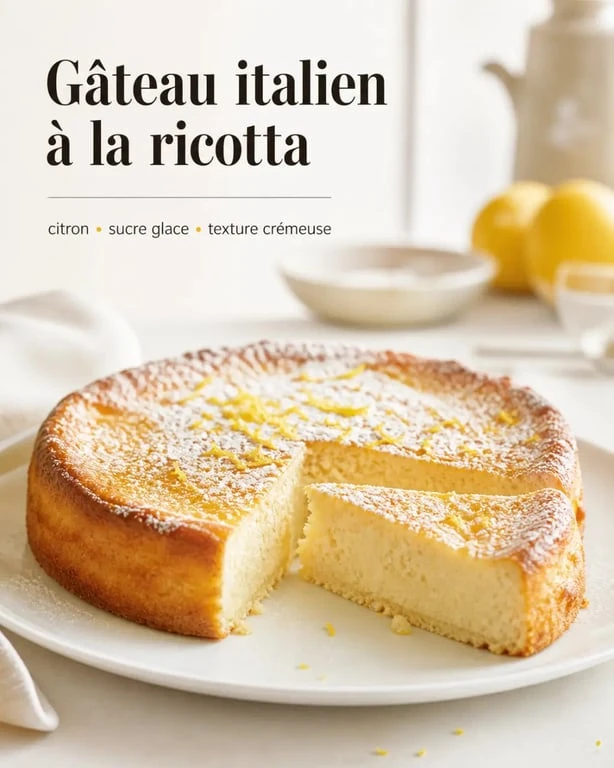 Gâteau crémeux à la ricotta recette italienne servi en part sur assiette blanche