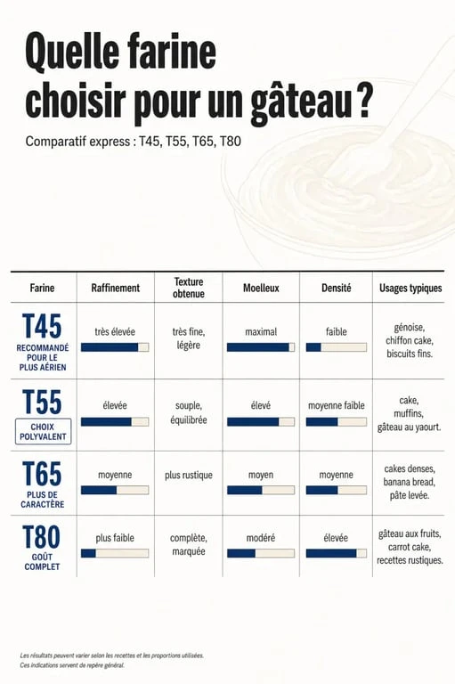 Farine pour gateau : comparatif visuel des types T45, T55, T65 et T80