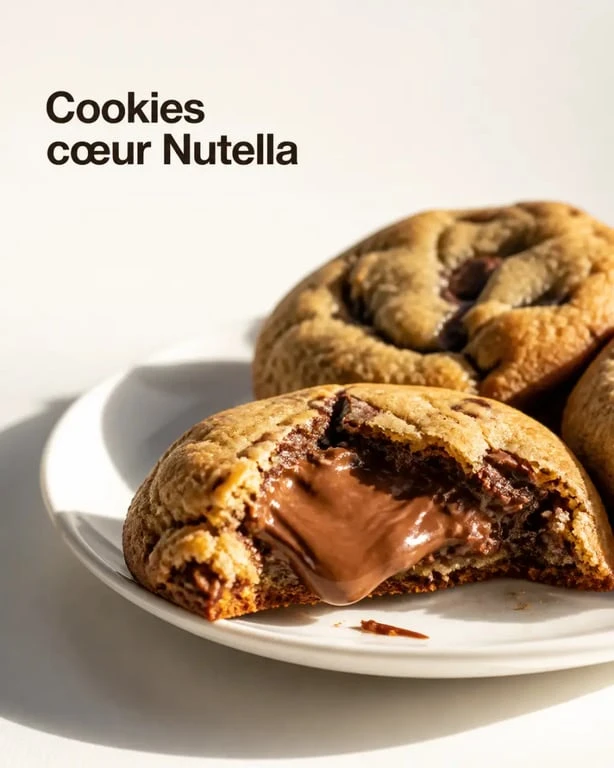 Recette cookies au Nutella servis sur assiette avec cœur fondant visible
