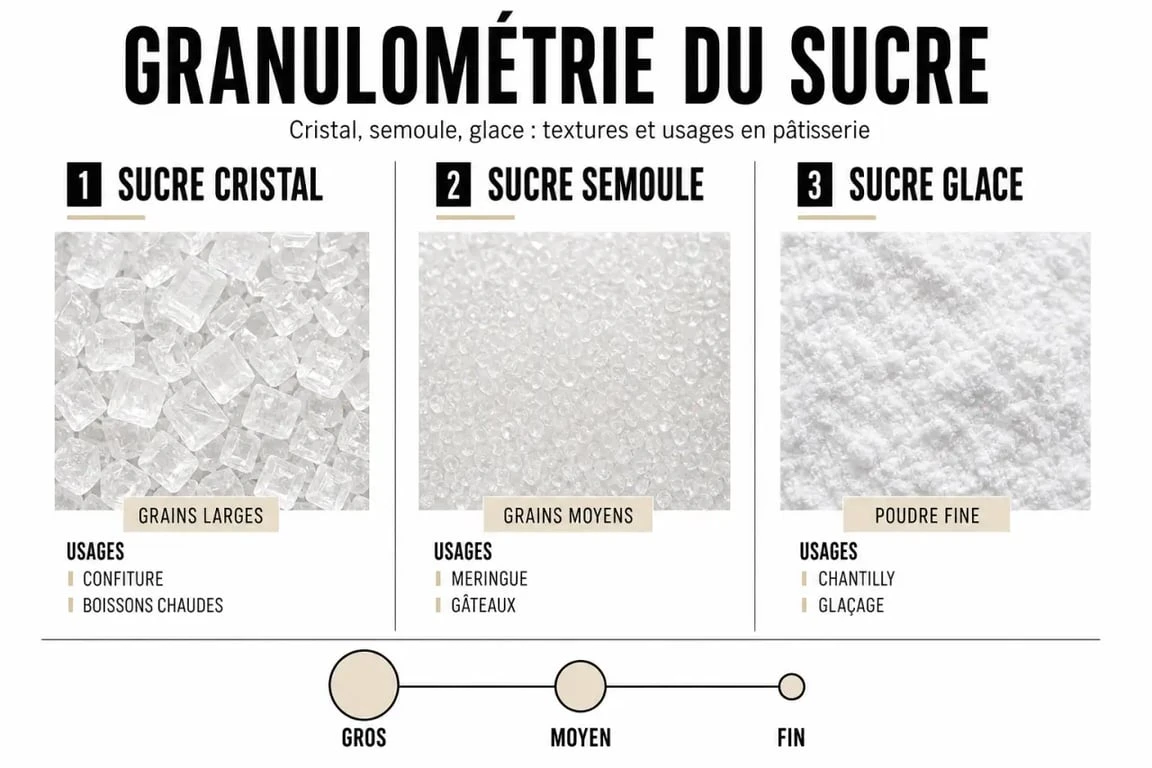 Comparatif sucre cristal ou sucre en poudre avec granulométrie, dissolution et usages en pâtisserie