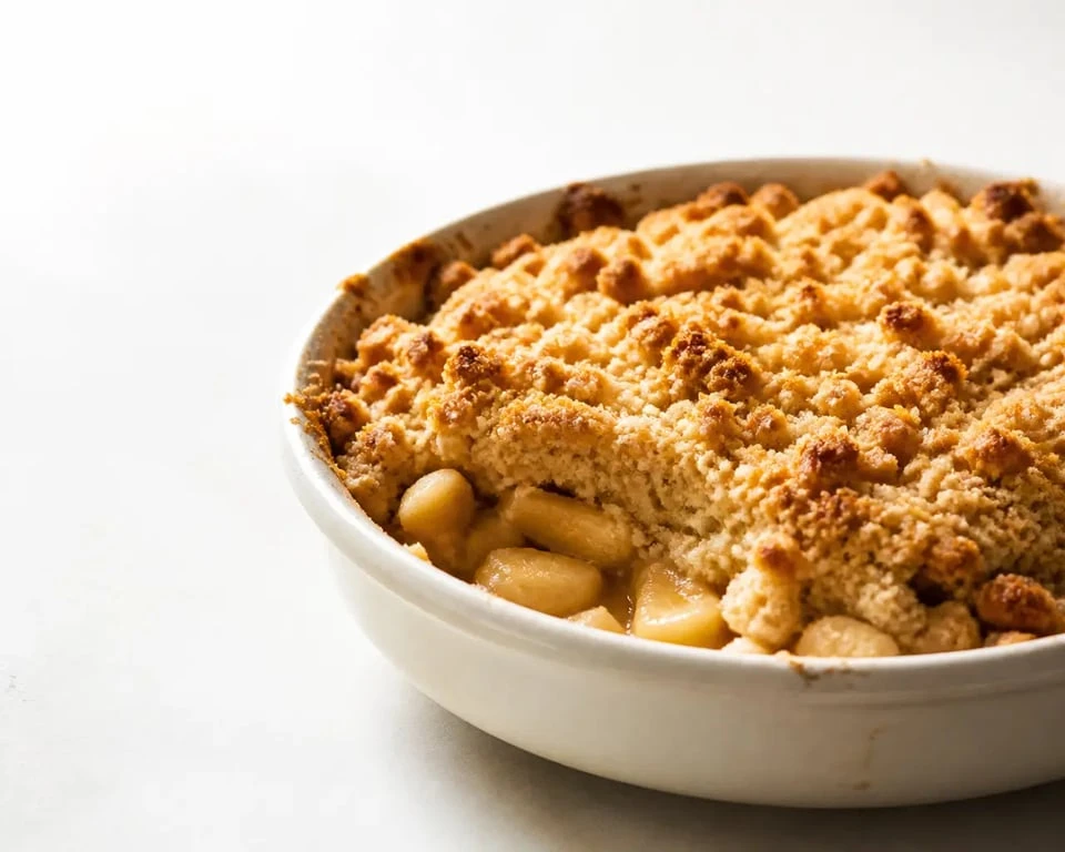 Crumble light aux pommes doré et croustillant servi tiède