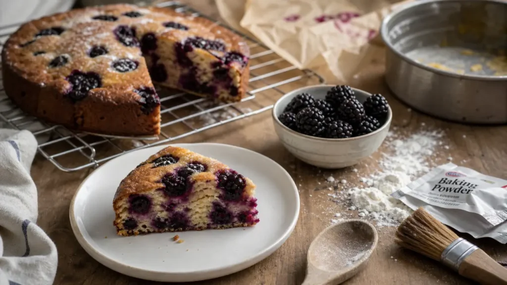 Gateau à la mure facile maison, parts sur grille, mûres fraîches