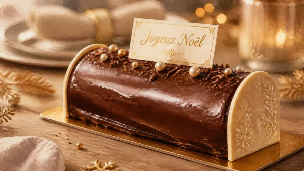 Idées déco buche de noel : bûche chocolat miroir avec topper doré “Joyeux Noël”