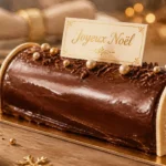 Idées déco buche de noel : bûche chocolat miroir avec topper doré “Joyeux Noël”