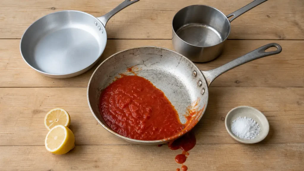 Poêle en aluminium santé : sauce tomate, sel et acidité sur poêle