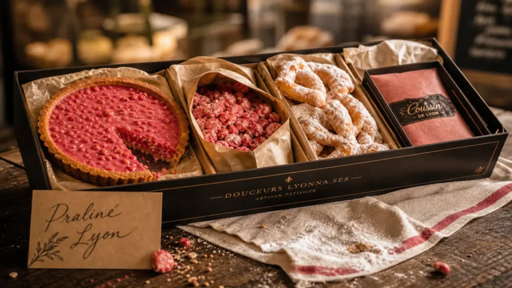 Spécialité lyonnaise sucré : praline rose, bugnes et coussin de Lyon