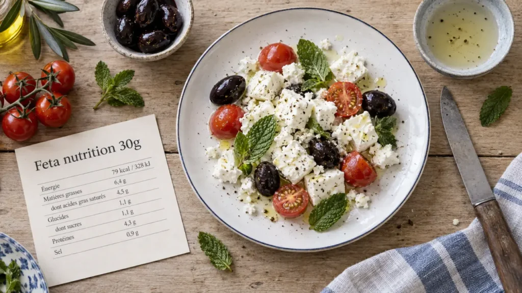 Bienfait feta : dés de feta AOP sur assiette blanche, nutrition et ingrédients visibles