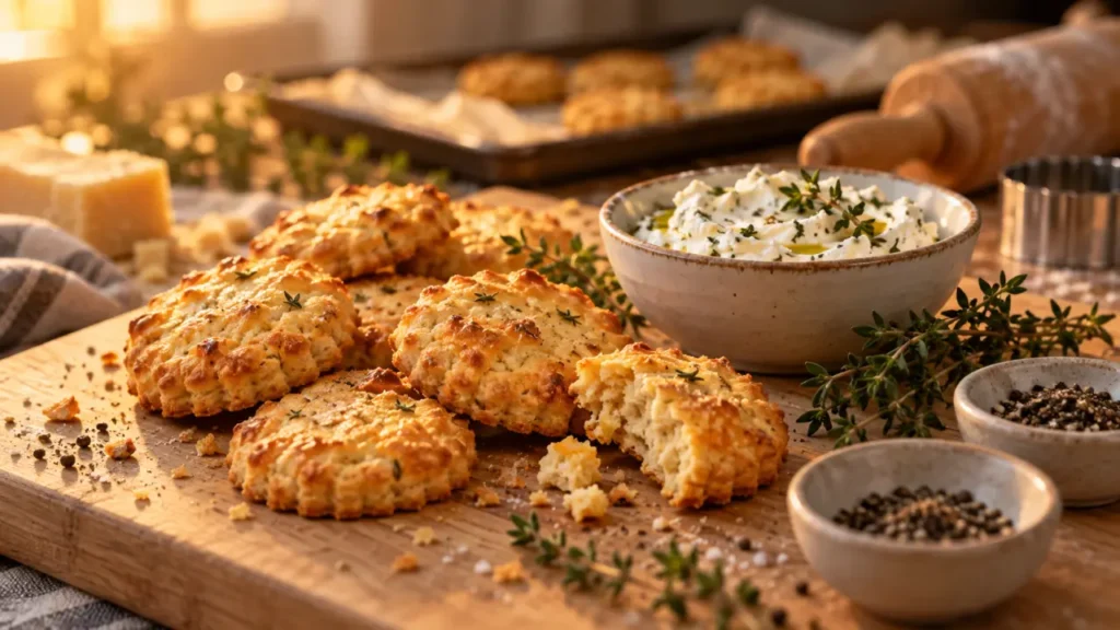 Biscuit salé recette : sablés au fromage dorés, crème de chèvre aux herbes