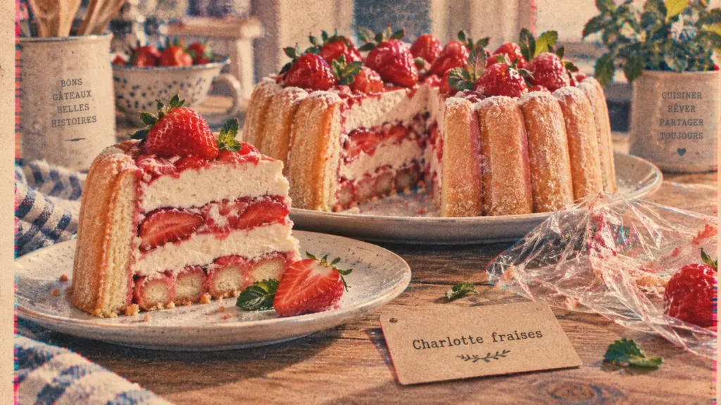 Charlotte mascarpone fraise sans cuisson, démoulée, fraises et mascarpone