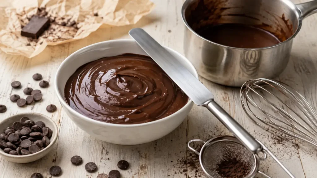 Creme pâtissière chocolat lisse et brillante, bol et spatule