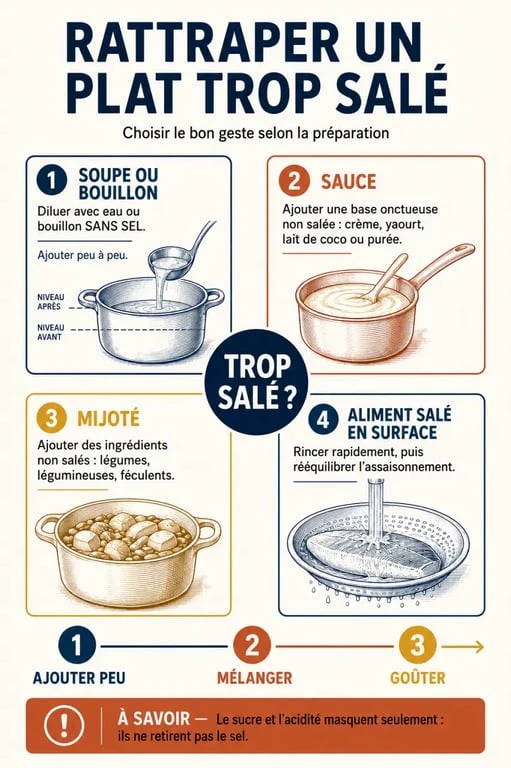 Infographie pour comprendre comment rattraper un plat trop salé selon le type de préparation