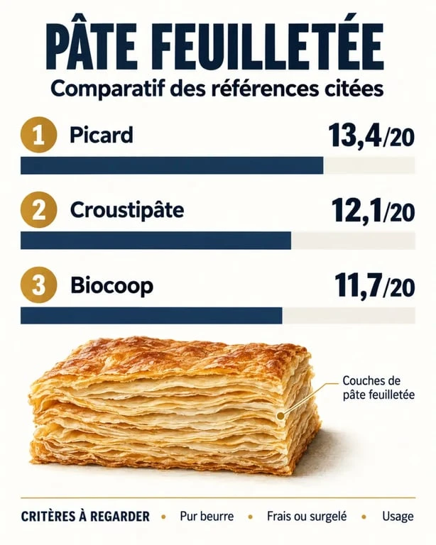 Comparatif visuel de la meilleure pâte feuilletée avec les notes Picard, Croustipâte et Biocoop