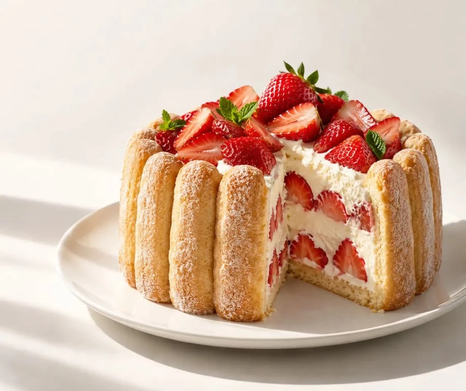 Charlotte aux fraises au mascarpone démoulée avec fraises fraîches