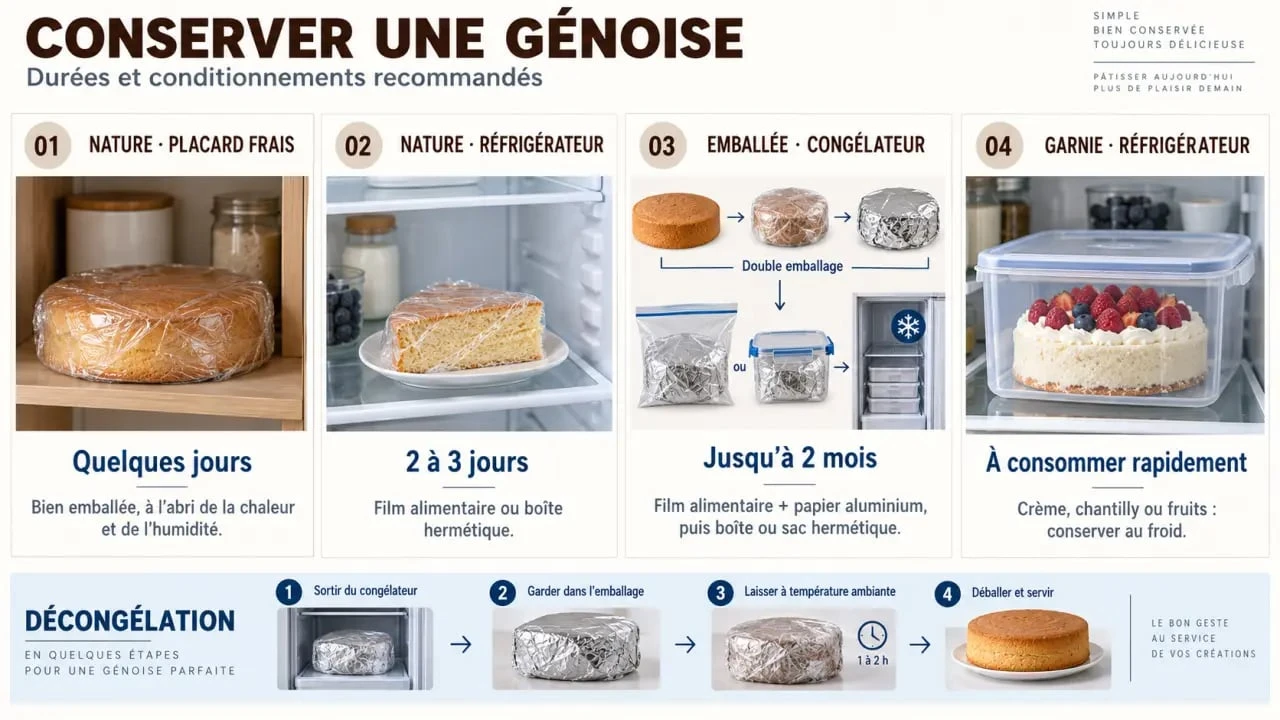 Infographie sur la conservation d’une génoise au placard, au réfrigérateur et au congélateur