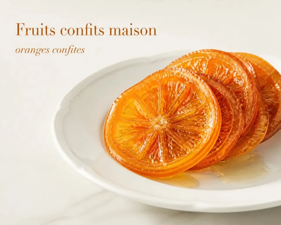 Recettes fruit confit : oranges confites maison brillantes sur assiette blanche