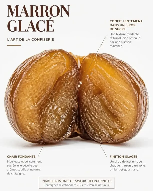 Détail de la texture confite et translucide d'un marron glacé maison