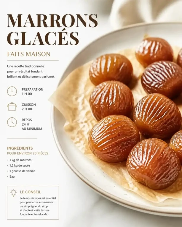 Recette des marrons glacés maison, brillants et fondants dans une assiette