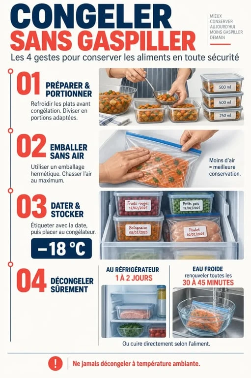 Infographie sur la congélation conservation des aliments, de l’emballage à la décongélation