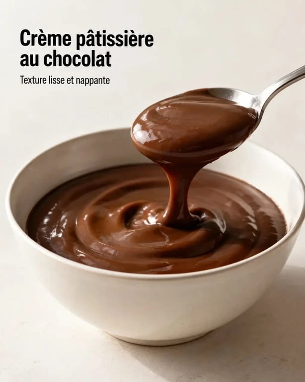 Crème pâtissière chocolat onctueuse et brillante dans un bol, prête à garnir des éclairs ou des choux