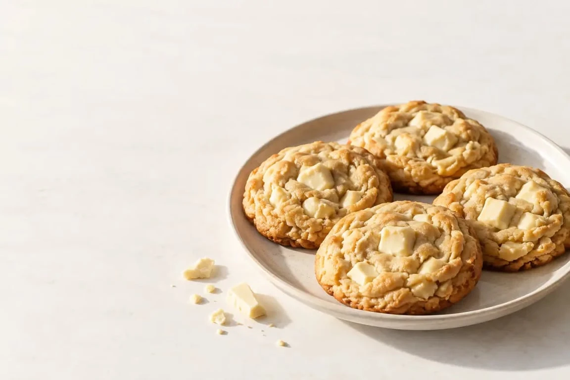 Cookies au chocolat blanc moelleux aux bords dorés sur une assiette