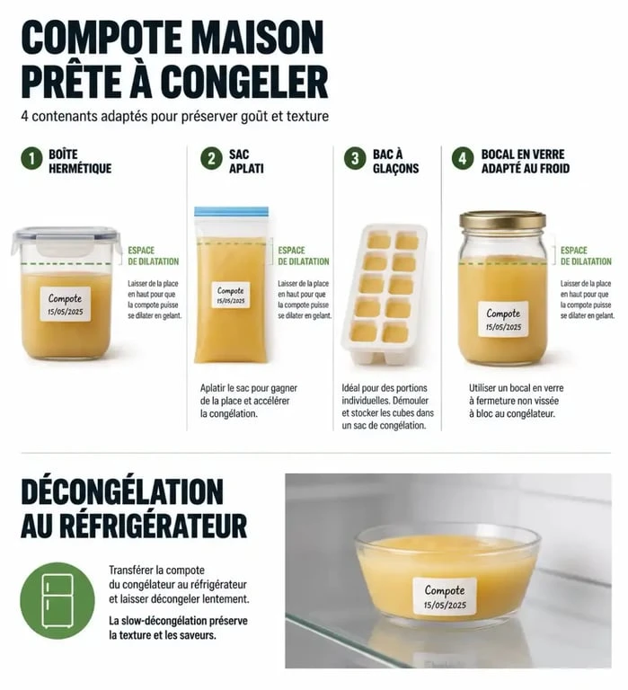 Schéma de conditionnement pour le temps de conservation compote maison au congélateur avec espace de dilatation