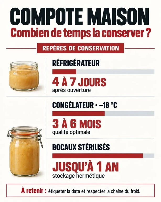 Infographie sur le temps de conservation compote maison au congélateur, au réfrigérateur et en bocaux stérilisés