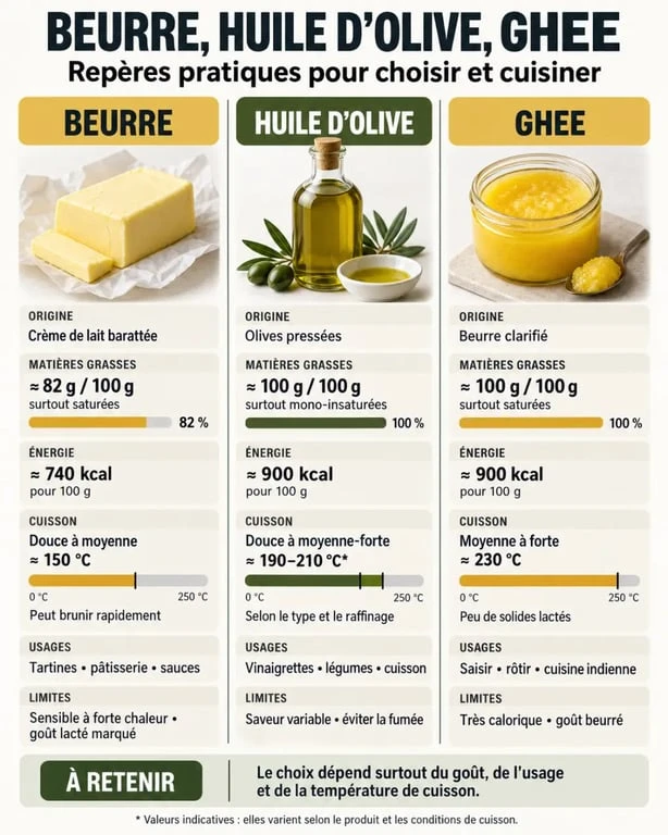 Beurre ou huile d’olive : comparaison des calories, matières grasses, températures de cuisson et usages