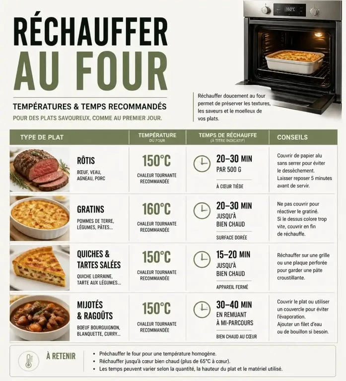 Tableau récapitulatif des températures et durées pour le réchauffage au four