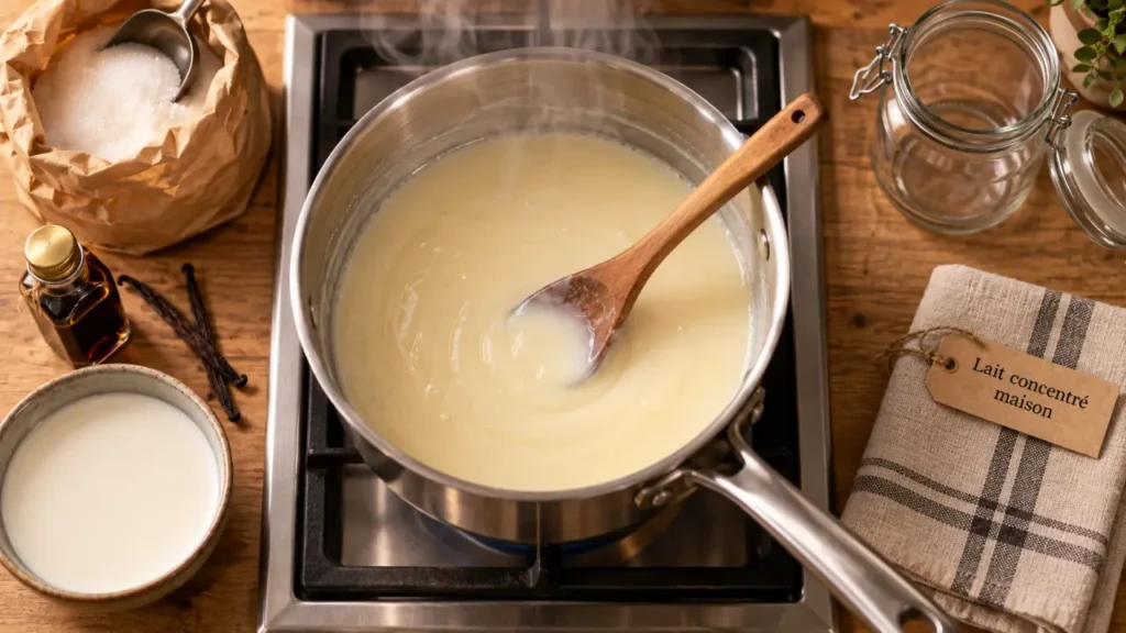 Lait concentré sucré recette maison : casserole et mélange lait-sucre