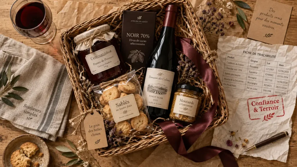 Panier gourmand idées cadeaux : coffret terroir sur table en bois
