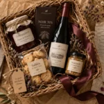 Panier gourmand idées cadeaux : coffret terroir sur table en bois